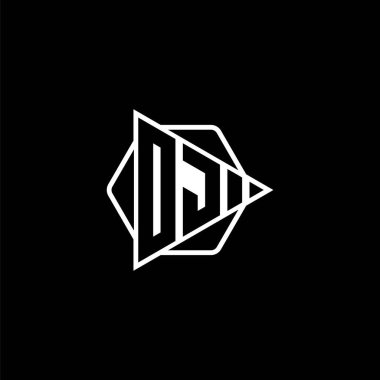 OJ Monogram logo harfinde altıgen şeklinde üçgen oynatma düğmesi var. Üçgen çember monogram logosu, üçgen kalkan logosu harfi.