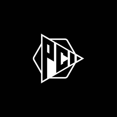 PC Monogram logo harfi. Üçgen oynatma düğmesi şekilli altıgen yuvarlak. Üçgen çember monogram logosu, üçgen kalkan logosu harfi.