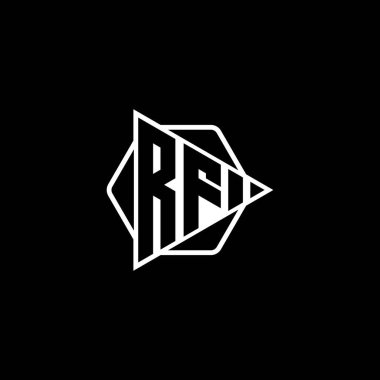 RF Monogram logo harfi. Üçgen oynatma düğmesi şeklinde altıgen yuvarlak. Üçgen çember monogram logosu, üçgen kalkan logosu harfi.