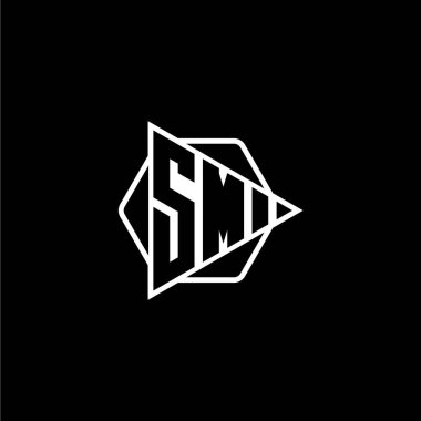 Üçgen oynatma düğmesi şekilli altıgen yuvarlak SM Monogram logo harfi. Üçgen çember monogram logosu, üçgen kalkan logosu harfi.