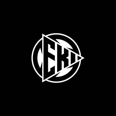Üçgen oyun biçimli EK Monogram logo harfi ve izole arkaplanda yuvarlak biçimli daire şeklinde. Üçgen çember monogram logosu, üçgen çalma düğmesi logosu harfi.