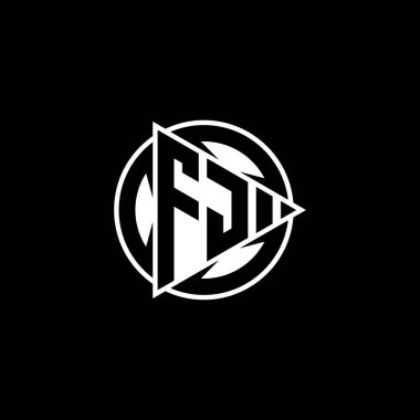 FJ Monogram logo harfi üçgen oyun şekli ve izole arkaplanda daire şeklinde. Üçgen çember monogram logosu, üçgen çalma düğmesi logosu harfi.