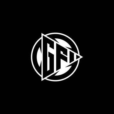 GF Monogram logo harfi, üçgen oyun şekli ve izole arkaplanda yuvarlak biçimli daire şeklinde. Üçgen çember monogram logosu, üçgen çalma düğmesi logosu harfi.