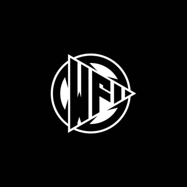 WF Monogram logo harfi üçgen oyun şekli ve izole arkaplanda yuvarlak biçimli daire şeklinde. Üçgen çember monogram logosu, üçgen çalma düğmesi logosu harfi.