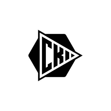 CK Monogram logo harfi. Üçgen oynat düğmesi şekli altıgen yuvarlak. Üçgen çember monogram logosu, üçgen kalkan logosu harfi.