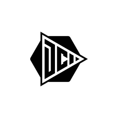DC Monogram logo harfinde altıgen şeklinde üçgen oynatma düğmesi var. Üçgen çember monogram logosu, üçgen kalkan logosu harfi.