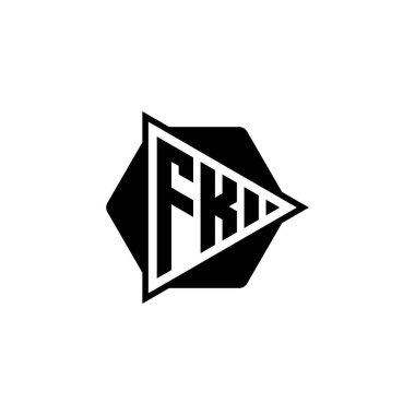 Üçgen oynatma düğmesi şekilli altıgen yuvarlak FK Monogram logo harfi. Üçgen çember monogram logosu, üçgen kalkan logosu harfi.