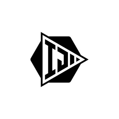 Üçgen oynatma düğmesi şekilli altıgen yuvarlak IJ Monogram logo harfi. Üçgen çember monogram logosu, üçgen kalkan logosu harfi.