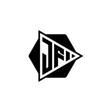 Üçgen oynatma düğmesi şekilli altıgen yuvarlak JF Monogram logo harfi. Üçgen çember monogram logosu, üçgen kalkan logosu harfi.