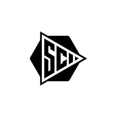 SC Monogram logo harfinde altıgen şeklinde üçgen oynatma düğmesi var. Üçgen çember monogram logosu, üçgen kalkan logosu harfi.