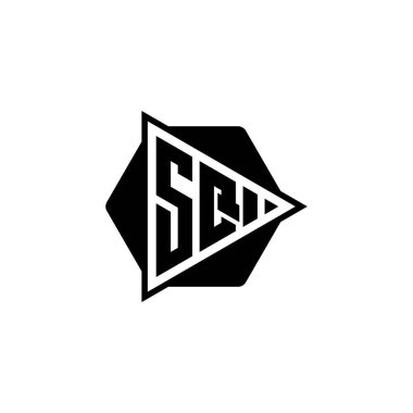 Üçgen oynatma düğmesi şekilli altıgen yuvarlak SQ Monogram logo harfi. Üçgen çember monogram logosu, üçgen kalkan logosu harfi.