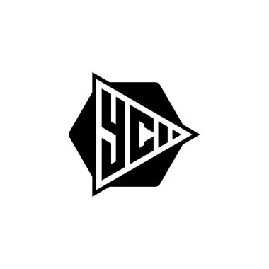 Üçgen oynatma düğmesi şekilli altıgen yuvarlak YC Monogram logo harfi. Üçgen çember monogram logosu, üçgen kalkan logosu harfi.
