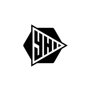 Üçgen oynatma düğmesi şekilli altıgen yuvarlak YH Monogram logo harfi. Üçgen çember monogram logosu, üçgen kalkan logosu harfi.
