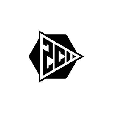 Üçgen oynatma düğmesi şekilli altıgen yuvarlak ZC Monogram logo harfi. Üçgen çember monogram logosu, üçgen kalkan logosu harfi.