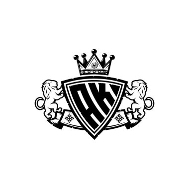 AK Monogram logo harfi ve basit kalkan taç tasarımı. Lüks monogram, aslan lüksü logosu.,