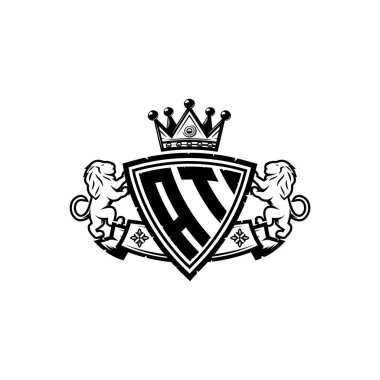 AT Monogram logo harfi ve basit kalkan taç tasarımı. Lüks monogram, aslan lüksü logosu.,