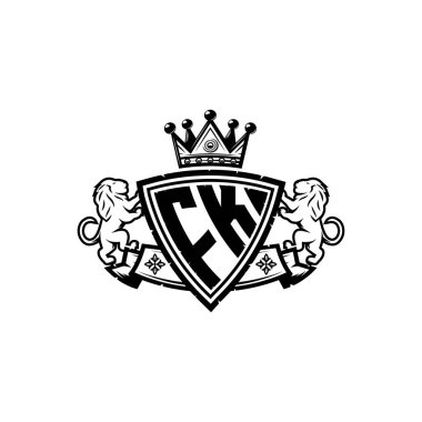 FK Monogram logo harfi ve basit kalkan taç tasarımı. Lüks monogram, aslan lüksü logosu.,