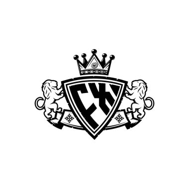 FX Monogram logo harfi ve basit kalkan taç tasarımı. Lüks monogram, aslan lüksü logosu.,