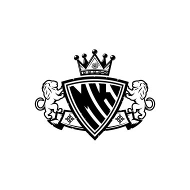 MK Monogram logo harfi ve basit kalkan taç tasarımı. Lüks monogram, aslan lüksü logosu.,