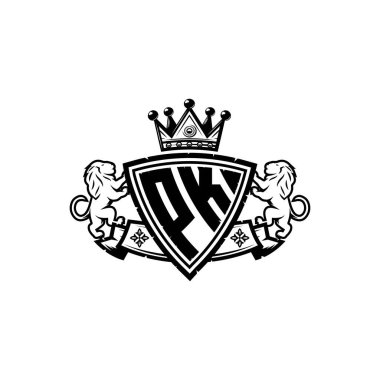 PK Monogram logo harfi ve basit kalkan taç tasarımı. Lüks monogram, aslan lüksü logosu.,