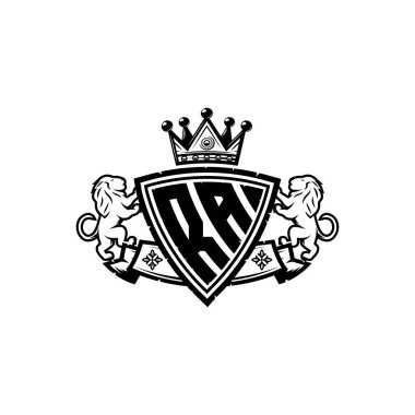 Ra Monogram logo harfinin üzerinde basit kalkan taç tasarımı var. Lüks monogram, aslan lüksü logosu.,