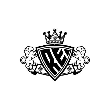 RE Monogram logo harfi ve basit kalkan taç tasarımı. Lüks monogram, aslan lüksü logosu.,