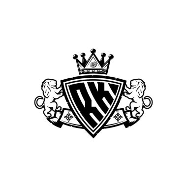 RK Monogram logo harfi ve basit kalkan taç tasarımı. Lüks monogram, aslan lüksü logosu.,