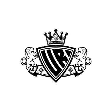 UR Monogram logo harfi ve basit kalkan taç tasarımı. Lüks monogram, aslan lüksü logosu.,