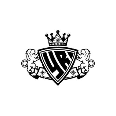 YR Monogram logo harfinin üzerinde basit kalkan taç tasarımı var. Lüks monogram, aslan lüksü logosu.,