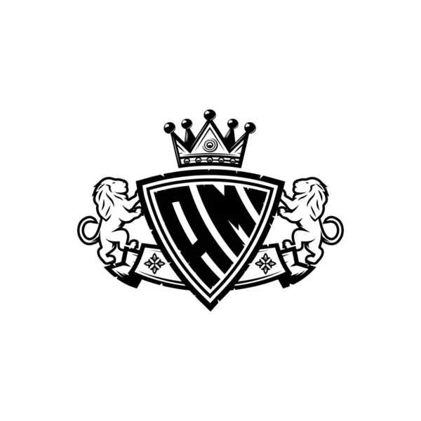 シンプルなシールドクラウンスタイルのデザインのAmモノグラムロゴの手紙 豪華なモノグラム ライオンの豪華なロゴ — ストックベクタ
