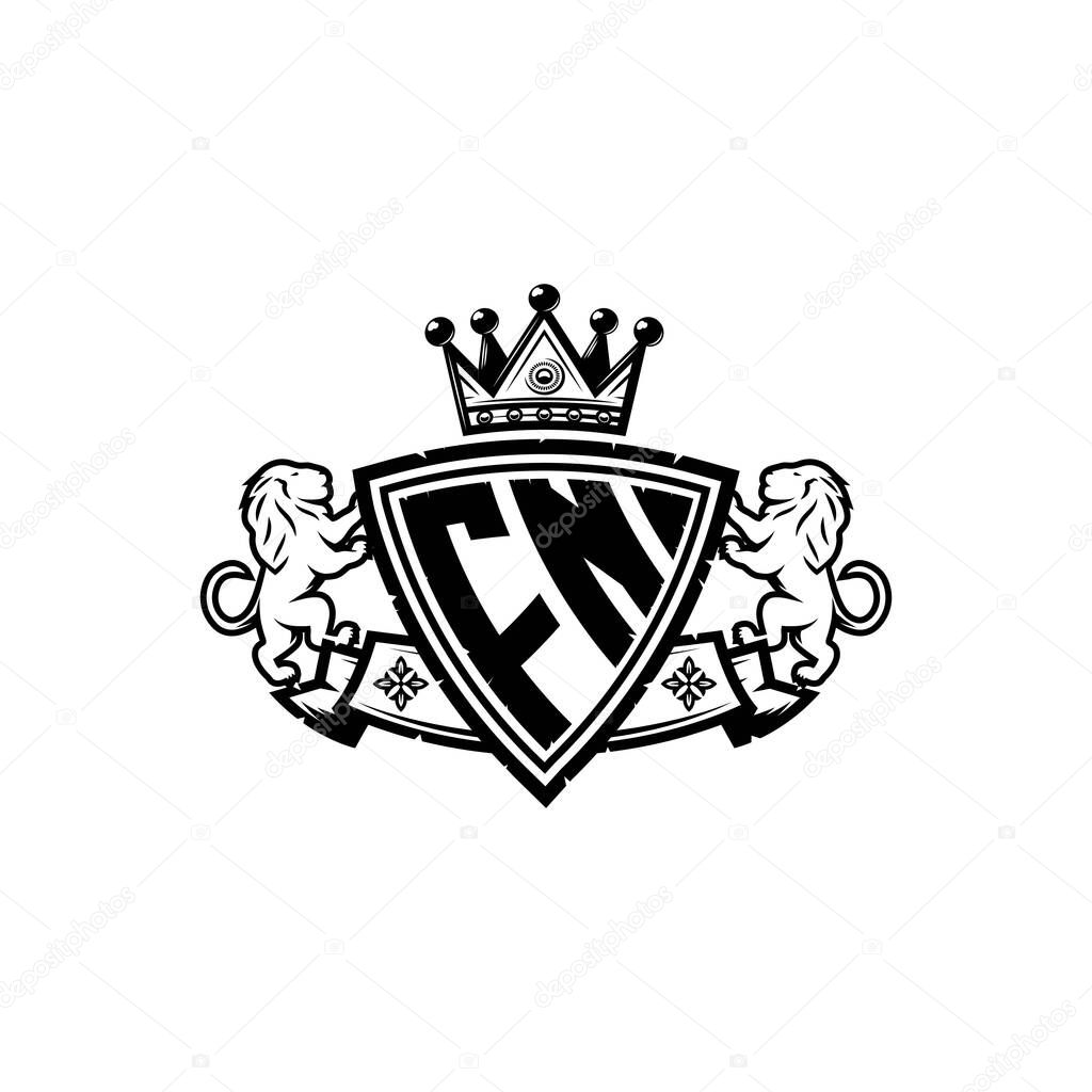 FN Monogram logo letter with Simple shield crown style design. Luxurious monogram, lion luxury logo,