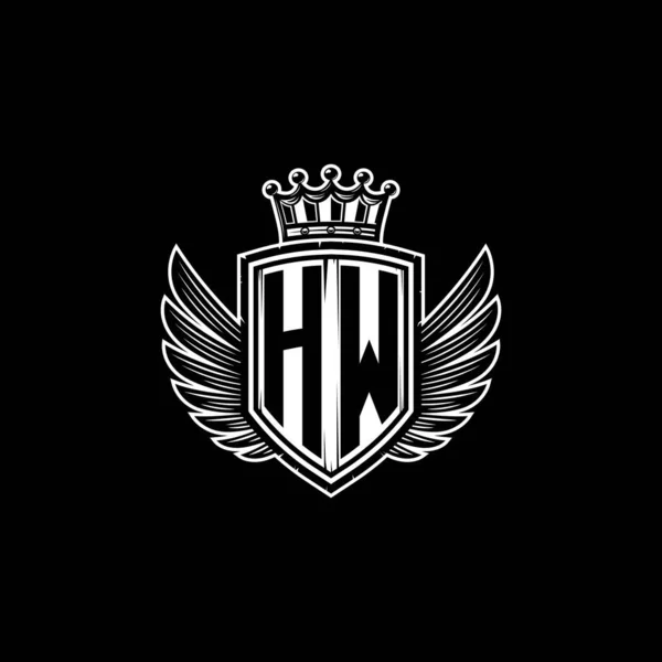 シンプルなシールドクラウンスタイルのデザインのHwモノグラムロゴレター 豪華なモノグラム ヴィンテージ高級ロゴ 翼のロゴモノグラム — ストックベクタ