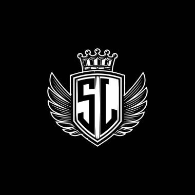 SJ Monogram logo harfi ve basit kalkan taç tasarımı. Lüks monogram, klasik lüks logo, kanat logosu.