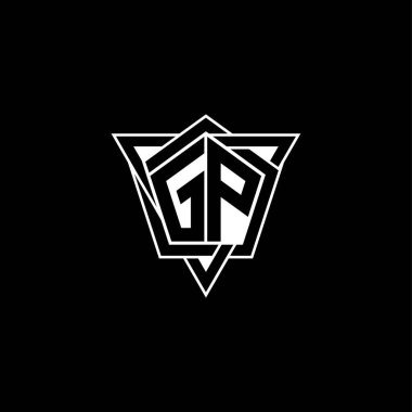Geometrik şekilli üçgen yuvarlak şekilli GP monogram logo harfi. Dikdörtgen ve altıgen monogram logo, üçgen logo yuvarlak.
