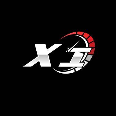 Siyah arkaplan içinde hız ölçer stili tasarımı olan XI logosu. Yarış hız logosu harfi, hız ölçer monogram tasarımı.