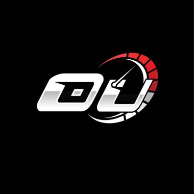 Siyah arka planda hız ölçer stili tasarlanmış OU ilk monogramı. Yarış hız logosu harfi, hız ölçer monogram tasarımı.