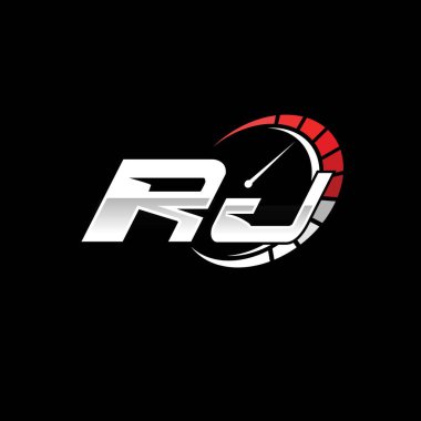 Siyah arkaplan içinde hız ölçer stili tasarımı olan RJ logosu. Yarış hız logosu harfi, hız ölçer monogram tasarımı.