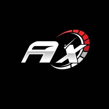 Siyah zemin içinde hız ölçer stili tasarımı olan AX logosu. Yarış hız logosu harfi, hız ölçer monogram tasarımı.