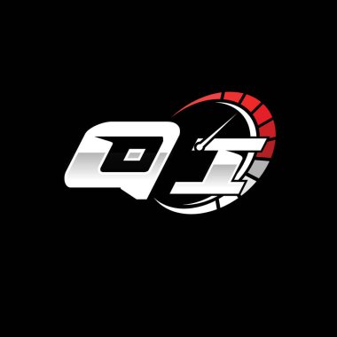 Siyah arkaplan içinde hız ölçer stili tasarımı olan QI başlangıç logosu. Yarış hız logosu harfi, hız ölçer monogram tasarımı.