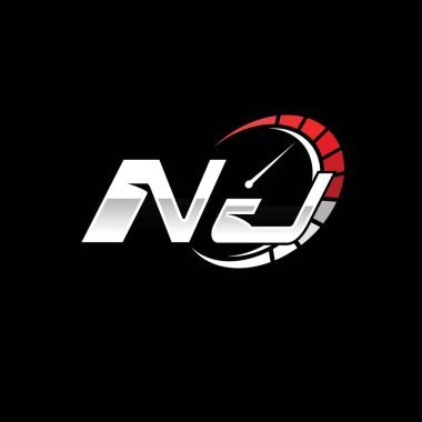 Siyah zemin içinde hız ölçer stili tasarımı olan NJ logosu. Yarış hız logosu harfi, hız ölçer monogram tasarımı.