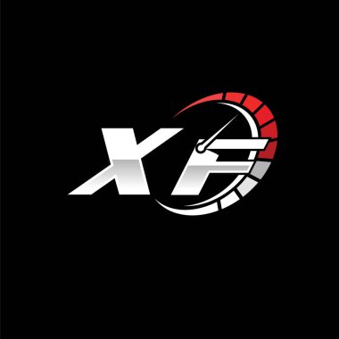 Siyah zemin içinde hız ölçer stili tasarımı olan XF logosu. Yarış hız logosu harfi, hız ölçer monogram tasarımı.