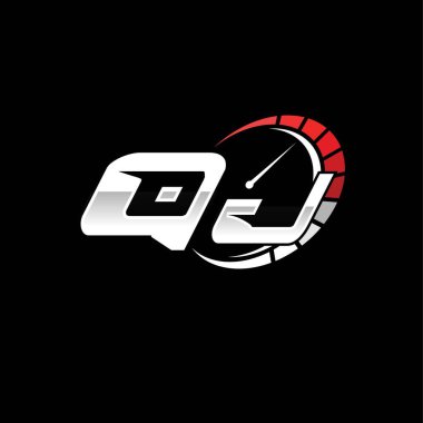 Siyah arkaplan içinde hız ölçer stili tasarımı olan QJ logosu. Yarış hız logosu harfi, hız ölçer monogram tasarımı.