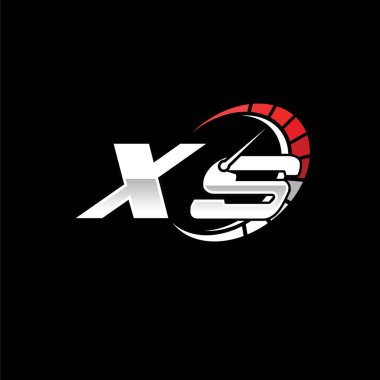 Siyah zemin içinde hız ölçer stili tasarımı olan XS logosu. Yarış hız logosu harfi, hız ölçer monogram tasarımı.