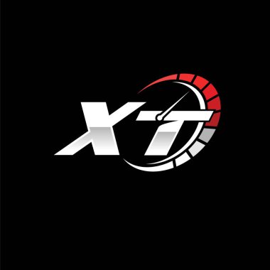 Siyah zemin içinde hız ölçer stili tasarımı olan XT logosu. Yarış hız logosu harfi, hız ölçer monogram tasarımı.