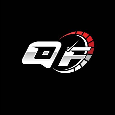 Siyah zemin içinde hız ölçer stili tasarımı olan QF logosu. Yarış hız logosu harfi, hız ölçer monogram tasarımı.