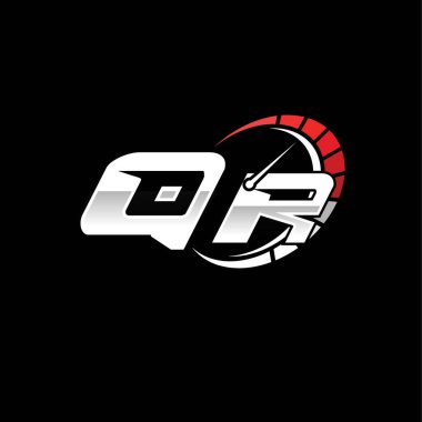 Siyah zemin içinde hız ölçer stili tasarımı olan QR logosu. Yarış hız logosu harfi, hız ölçer monogram tasarımı.