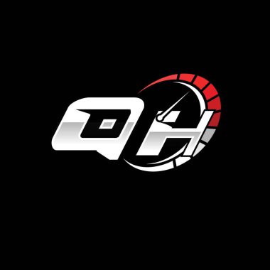 Siyah arkaplan içinde hız ölçer stili tasarımı olan QH logosu. Yarış hız logosu harfi, hız ölçer monogram tasarımı.
