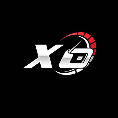 Siyah zemin içinde hız ölçer stili tasarımı olan XO başlangıç logosu. Yarış hız logosu harfi, hız ölçer monogram tasarımı.