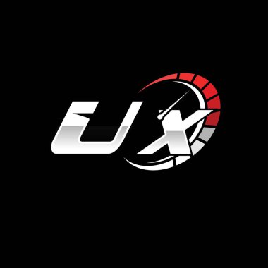 Siyah arkaplan içinde hız ölçer stili tasarımı olan UX logosu. Yarış hız logosu harfi, hız ölçer monogram tasarımı.