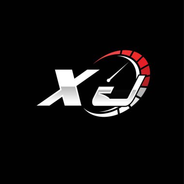 Siyah zemin içinde hız ölçer stili tasarımı olan XJ logosu. Yarış hız logosu harfi, hız ölçer monogram tasarımı.